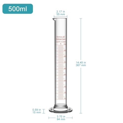 stonylab Class A Graduated Cylinder, 500 ml Borosilicate Glass High Precision Measuring Cylinder with Clear Scale and Stable Base for Laboratory Liquid Measurement - size: 500 ml