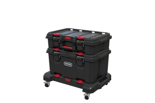 Keter Stack-n-Roll 3-Piece Rolling Tool Storage System – Includes Dolly, Tool Box & Deep Power Tool Case | Modular Mobile Tool Organizer | Stackable Design for Garage, Jobsite & Workshop - color: Black/Red, size: 3PC with Dolly