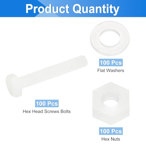 uxcell 300 Pcs/100 Sets Nylon Hex Bolts, M4 x 25mm Plastic Full Threaded Hex Head Screws Bolts and Nuts with Flat Washers for Machinery Electronics Industrial Accessories, White - size: M4 x 25mm