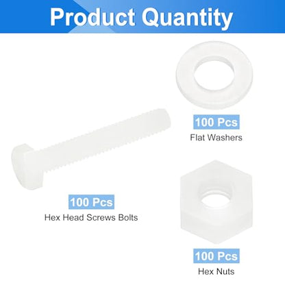 uxcell 300 Pcs/100 Sets Nylon Hex Bolts, M4 x 25mm Plastic Full Threaded Hex Head Screws Bolts and Nuts with Flat Washers for Machinery Electronics Industrial Accessories, White - size: M4 x 25mm