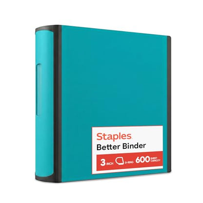 Staples Heavy-Duty 3-Inch D-Ring Binder, Teal, 600 Sheets - color: Teal, size: 3-Inch