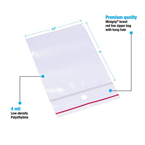 MGRL4PH02503 Polyethylene (LDPE/LLDPE Blend) Clear Reclosable Bag, Hang Hole, 3" Length, 2.5" Width (Pack of 1000)