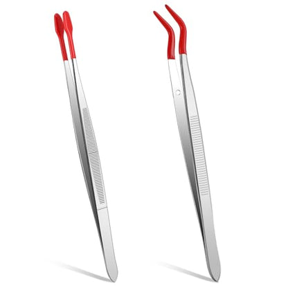 Rubber Tipped Tweezers, 2 Pcs PVC Coated Precision Tweezers Hobby Craft Tweezers Set, Long Bent and Straight Flat Tip Tweezers for Crafts Stamps Coin Beads Jewelry Industrial Electronic Lab (Red) - color: Red