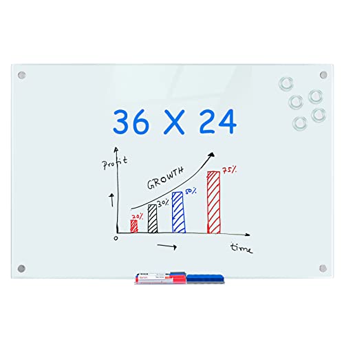 Maxtek Magnetic Glass Whiteboard 36x 24 in, Frameless Glass Board for Wall - size: 36"W x 24"H