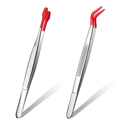 2 Piece Tweezers with Rubber Tips Set, Straight Tip PVC-Coated Precision Tweezers, Rubber Flat Tip Long Bent Tweezers, for Stamps Coins Jewelry Crafts Industrial Electronic Lab