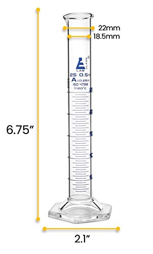 Graduated Cylinder, 25ml - Class A Tolerance ±0.25ml - Hexagonal Base - Blue Graduations - Borosilicate 3.3 Glass - Eisco Labs - size: 25mL