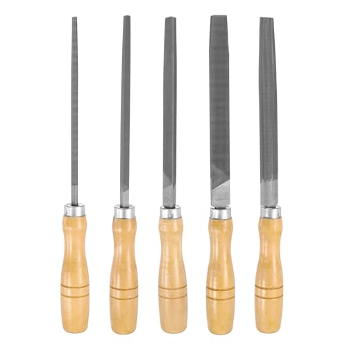 HARFINGTON 5pcs Metal File Set 6" Fine Teeth High Carbon Steel Hand Files with Wooden Handle Square/Flat/Triangle/Half-Round/Round for Metal Wood Stone Grinding Polishing Engraving