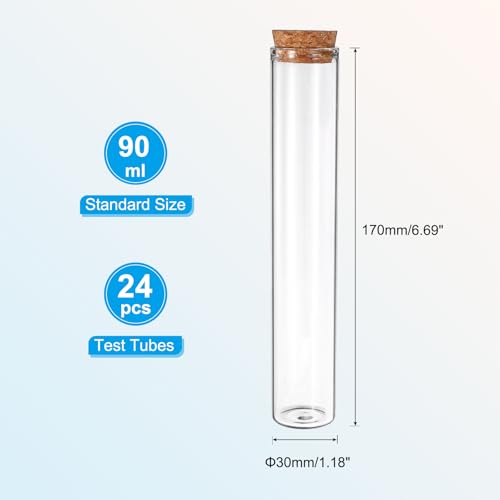 PATIKIL 90ml Test Tubes, 24pcs 6.69x1.18 Glass Clear Flat Bottom Test Tube Containers with Cork Stopper for Bead Party Candy Bath Salt Storage Scientific Experiment Plant Propagation - size: 90ml