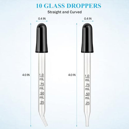 Eye Dropper 8 Pcs, 1mL Glass Liquids Pipette Dropper Tool with Measurement-Bent & Straight Tips, for Essential Oils Crafts Ear Lab Measuring Transferring Liquids Herain - size: Small Rubber Bulb-10pcs-Straight Bent