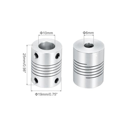 uxcell 2Pcs 6mm to 10mm Aluminum Alloy Shaft Coupling L25xD19 Flexible Coupler Beam for 3D Printer CNC Machine DIY Encoders and Motors Shaft,Silver - size: 6mm to 10mm