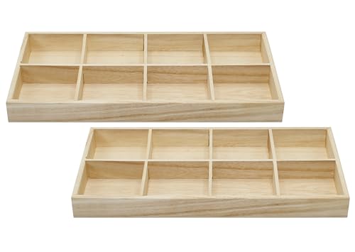 8 Section Wooden Trays – 14" × 7" Rectangular Organizers with 8 Compartments for Crafts, Drawer Tidying, Snacks, and Display | 2 Pack - size: 8 Section