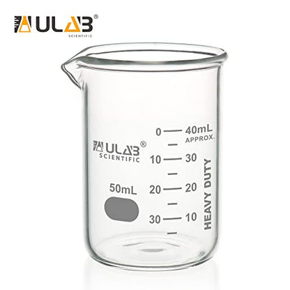 ULAB Heavy Duty Glass Beakers, 5pcs of Vol.50ml(1.7oz), Borosilicate 3.3 Glass, Thick Wall Beakers, with Double Scale, Superior Durability & Chemical Resistance, UBG1068 - style: 5pcs of Vol.50ml