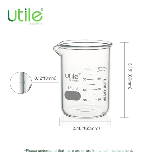 Utile 150ml Beaker Set, 12pcs of 5.1oz Upgraded Thickening Grass Beakers, Low Form Chemical Lab Beakers, Borosilicate 3.3 Glass with Printed Graduation, 4000.0150.12 - style: 150 ml (12pcs)