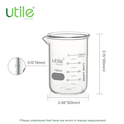 Utile 150ml Beaker Set, 12pcs of 5.1oz Upgraded Thickening Grass Beakers, Low Form Chemical Lab Beakers, Borosilicate 3.3 Glass with Printed Graduation, 4000.0150.12 - style: 150 ml (12pcs)