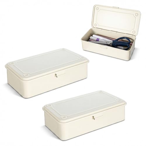 moheaaei White Small Steel Storage Box with Lid, 2-Pack Rectangular Metal Hinged Tin Boxes - 7.9x4x2 Inch Organizer for Scrapbook Stamps, Tools, Jewelry & Office Supplies