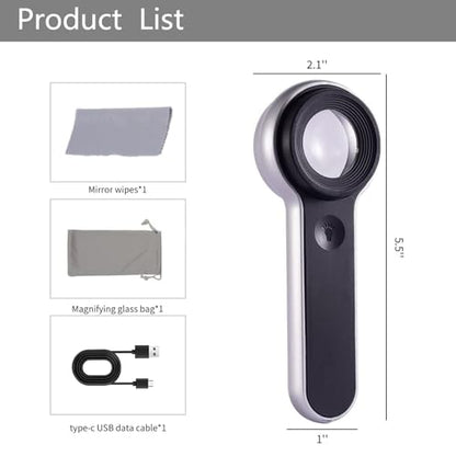 Handheld Magnifier Loupe 60x with UV and LED Lights, USB Rechargeable Illuminated Jewelers Loupe Optical Glass Magnifying Glass for Diamond, Jewelry, Coins, Stamps, Currency, Circuit Board