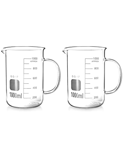 QWORK Beaker with Handle, 1000ml/33.81oz, Measuring Cup, Borosilicate Glass, Beaker Mug with Pouring Spout, 2 Pack