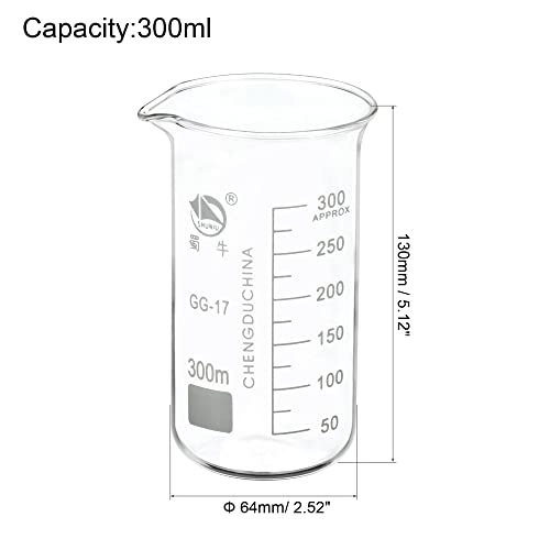 PATIKIL 300ml Tall Form Glass Beaker, 3.3 Borosilicate Glass Graduated Printed Scale Measuring Cups with Spout for Kitchen Lab Liquids Transit Boiling - size: 300ml