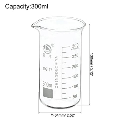 PATIKIL 300ml Tall Form Glass Beaker, 3.3 Borosilicate Glass Graduated Printed Scale Measuring Cups with Spout for Kitchen Lab Liquids Transit Boiling - size: 300ml