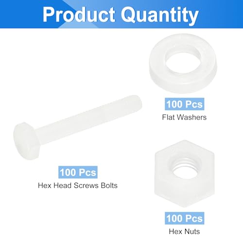 uxcell 300 Pcs/100 Sets Nylon Hex Bolts, M3 x 20mm Plastic Full Threaded Hex Head Screws Bolts and Nuts with Flat Washers for Machinery Electronics Industrial Accessories, White - size: M3 x 20mm