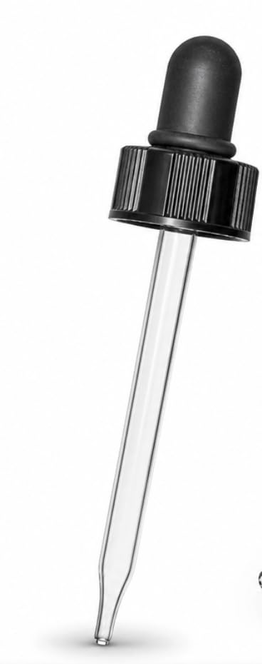 Clear Glass Black Bulb Pipette Dropper - 7mm x 107mm Fits 24/400 Bottles - size: 24/400 (7mm x 107 mm) , 144 Caps per Case