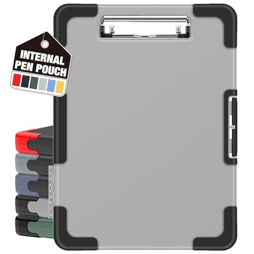 Sooez Toughest Clipboard with Storage, Clip Boards 8.5x11 with Pen Pouch - color: Grey + Black Corner