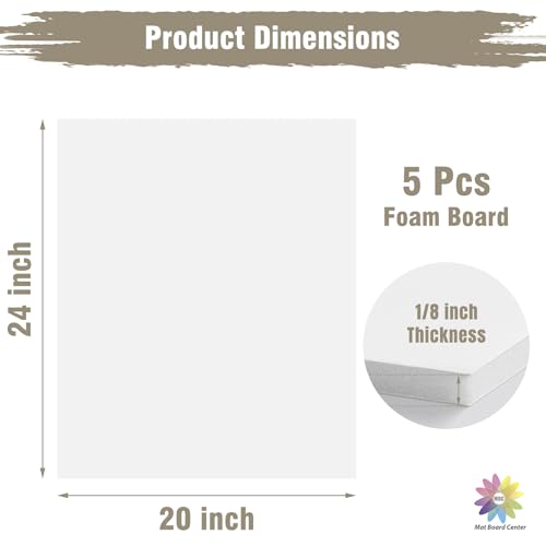 Mat Board Center 20x24 White Foam Boards Pack of 5, 1/8" Thick - color: White, size: 20x24