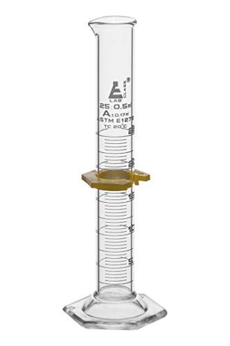 Graduated Cylinder, 25mL - ASTM, Class A Tolerance ±0.17mL - Protective Collar, Hexagonal Base - White Graduations - Borosilicate 3.3 Glass - Eisco Labs - size: 25mL