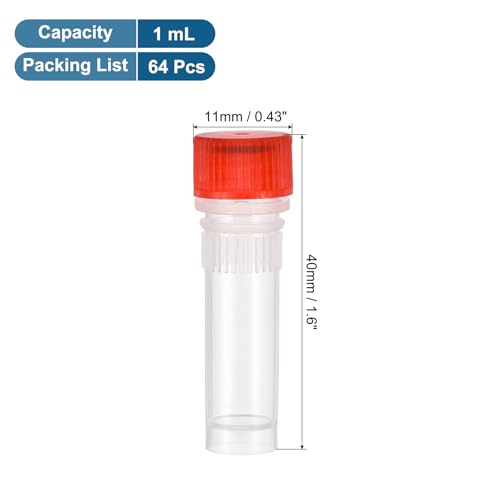 PATIKIL 1.0mL Plastic Cryogenic Vial, 64Pcs Cryogenic Storage Tube Lab Frozen Test Tube Container Storage Screw Cap for Lab Laboratory Science, Red Clear - color: Red, size: 1.0ml