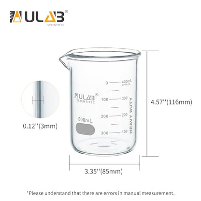 ULAB Scientific Glass Beaker Set, Vol. 500ml, 3.3 Borosilicate Griffin Low Form with Printed Graduation, Pack of 4, UBG1016 - style: Vol.500ml,Pack of 4