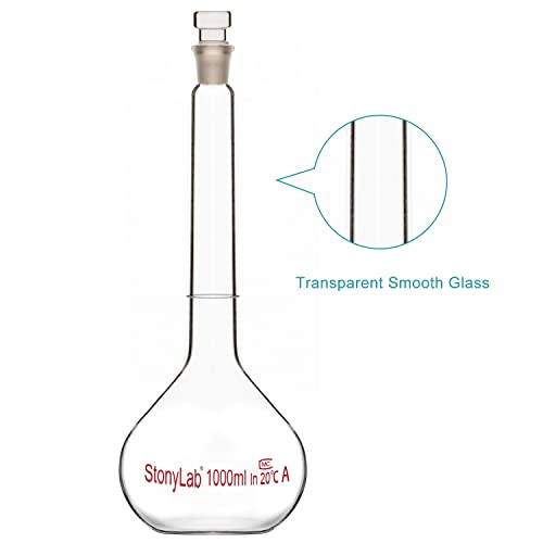 stonylab Glass Volumetric Flask Class A with Glass Stopper, Borosilicate Glass Heavy Wall Volumetric Flask Tolerance (1000 ml) - size: 1000 ml