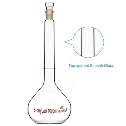 stonylab Glass Volumetric Flask Class A with Glass Stopper, Borosilicate Glass Heavy Wall Volumetric Flask Tolerance (1000 ml) - size: 1000 ml