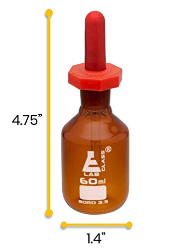 EISCO Dropping Bottle, 60ml (2oz) - Amber Borosilicate 3.3 Glass - Eye Dropper Pipette and Dust Proof Rubber Bulb - Octagonal, Non-screw Top Labs
