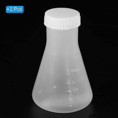 PATIKIL 100ml Plastic Erlenmeyer Flask with Screw Caps, 2 Pack Narrow Mouth Conical Flask for Laboratory, Clear - size: 100ml