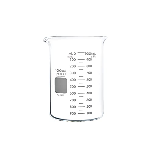 PYREX Griffin Borosilicate Glass Beaker - Low Form Graduated Measuring Beaker with Spout – Premium Scientific Glassware for Laboratories, Classrooms or Home Use - PYREX Chemistry Glassware, 1L, 2/Pk - size: 1 L