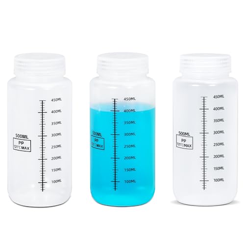 17oz/500ml Wide Mouth Plastic Bottles with Airtight Lids, Graduated Food Grade Leak Proof PP Containers Jars for Water Sample Lab Reagent Liquid Medicine Storage (Transparent, 3 Pcs) - color: Transparent, size: 17oz(500ml)