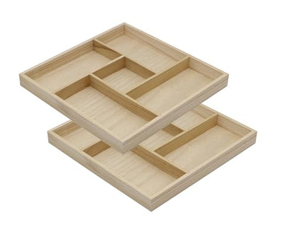 5 Section Wooden Trays – 10" × 10" Square Organizers with Compartments for Crafts, Drawer Tidying, Snacks, and Display | 2 Pack - size: 5 Section
