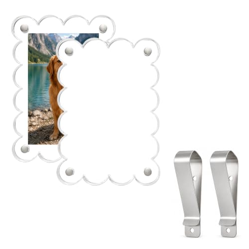 2 PCS Scalloped Car Photo Holder, 3.5" x 2.4" Acrylic Auto Sun Visor Picture Frame with Clip, Magnetic Personalized Sunvisor Photo Clip Picture Display Holder for Most Vehicles - color: Scalloped
