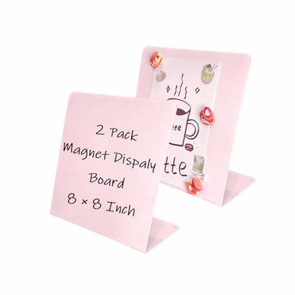 2 Pack Metal Pink Magnet Display Board, 8"×8" Anti-Slip Desk Magnetic Bulletin Board Decorative Tabletop Memo Photo Display Stand Small Business Supplies for Home Office Vendor Booth Events Classroom - size: 8" × 8"- P