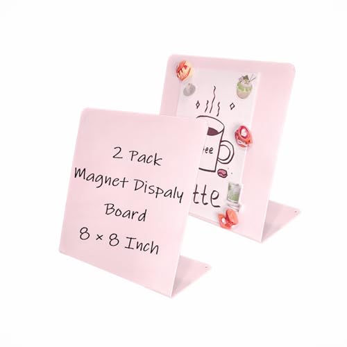 2 Pack Metal Pink Magnet Display Board, 8"×8" Anti-Slip Desk Magnetic Bulletin Board Decorative Tabletop Memo Photo Display Stand Small Business Supplies for Home Office Vendor Booth Events Classroom - size: 8" × 8"- P