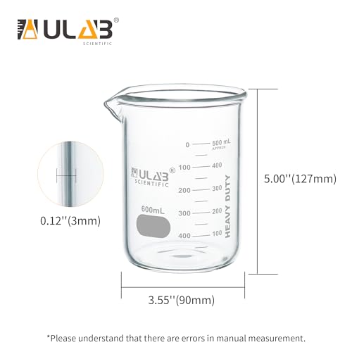 ULAB Scientific Glass Beakers, Vol. 600ml, 3.3 Borosilicate Griffin Low Form with Printed Graduation, Pack of 3, UBG1039 - style: Vol.600ml, Pack of 3