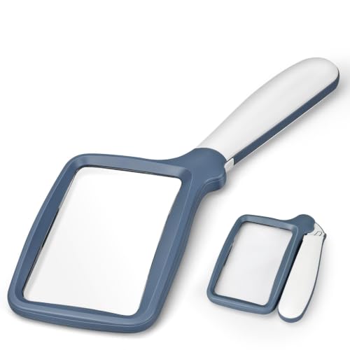 Folding Handheld Magnifying Glass with Light, 5X Large Rectangle Reading Magnifier with Dimmable LED for Seniors with Macular Degeneration, Newspaper, Book, Small Print, Lighted for Low Visions Blue - color: Blue