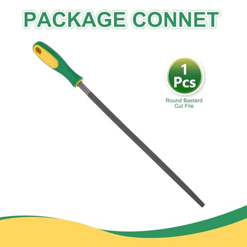 HARFINGTON 12" Round Fine Cut File Double Cut Teeth Fine Metal File High Carbon Steel T12 with Plastic Handle for Metal Wood Finishing Roughing, Grey/Yellow-Green - size: 12", style: Fine Cut
