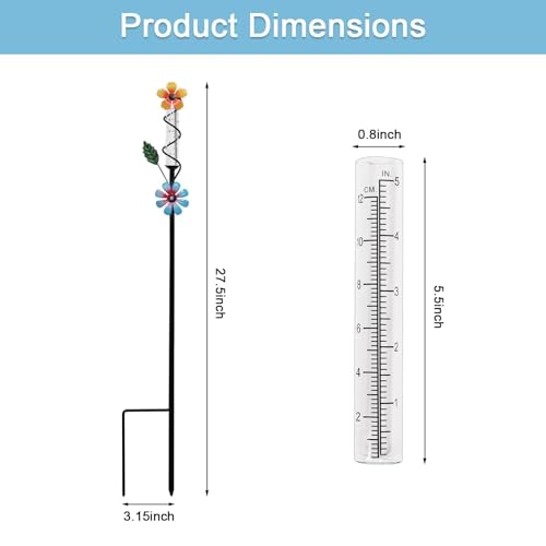 Flower Rain Gauge Outdoor, 5 Inch Glass Tube Freeez-Proof Metal Stake Weather-Resistant Rain Gauge-Lawn and Garden Yard Decor for Accurate Precipitation Measurement