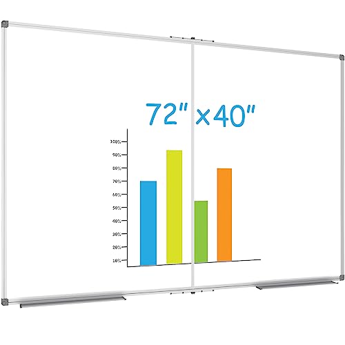 JILoffice Large Foldable White Board 72x40 Inches, Dry Erase Magnetic White Board, Silver Aluminum Frame with 2 Detachable Marker Tray Wall Mounted Board for Office Home and School - size: 72"W x 40"H
