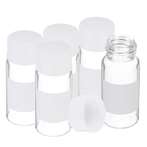 PATIKIL Small Glass Sample Bottles with Lids, 5 Pcs 10ml Clear Glass Vials with White Screw Caps Mini Leak Proof Reagent Sealed Bottles with Writing Label for Solid Liquid Powder Storage - color: White/Clear, size: 10ml