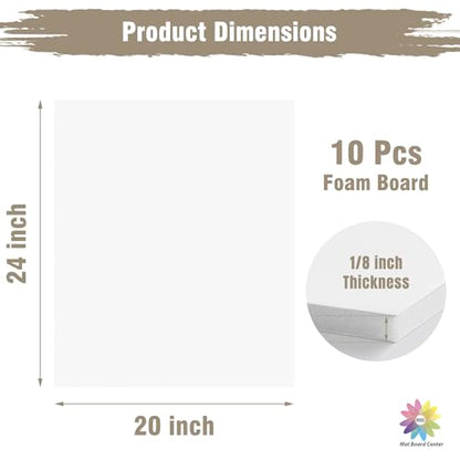 Mat Board Center, Pack of 10 Acid-Free Foam Boards, 20x24 inch White Foam Boards, 1/8" Thick - color: White, size: 20x24