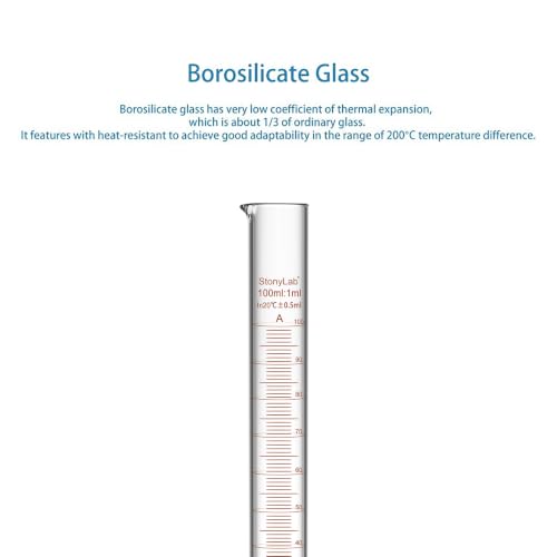 stonylab Class A Graduated Cylinder, 100 ml Borosilicate Glass High Precision Measuring Cylinder with Clear Scale and Stable Base for Laboratory Liquid Measurement - size: 100 ml