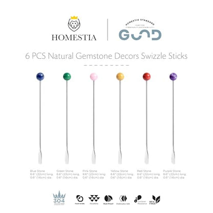 Homestia 6 Pcs 7.5'' Metal Stir Sticks, Colorful Gemstone Cocktail Stirrers - color: Natural Gemstone Series