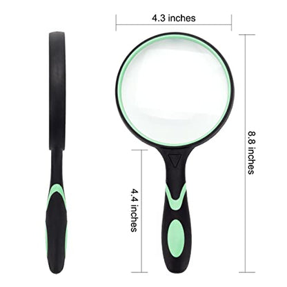Large Magnifying Glass 5X Handheld Reading Magnifier for Seniors & Kids - 100MM 4INCHES Real Glass Magnifying Lens for Book Newspaper Reading, Insect and Hobby Observation, Classroom Science (GREEN)